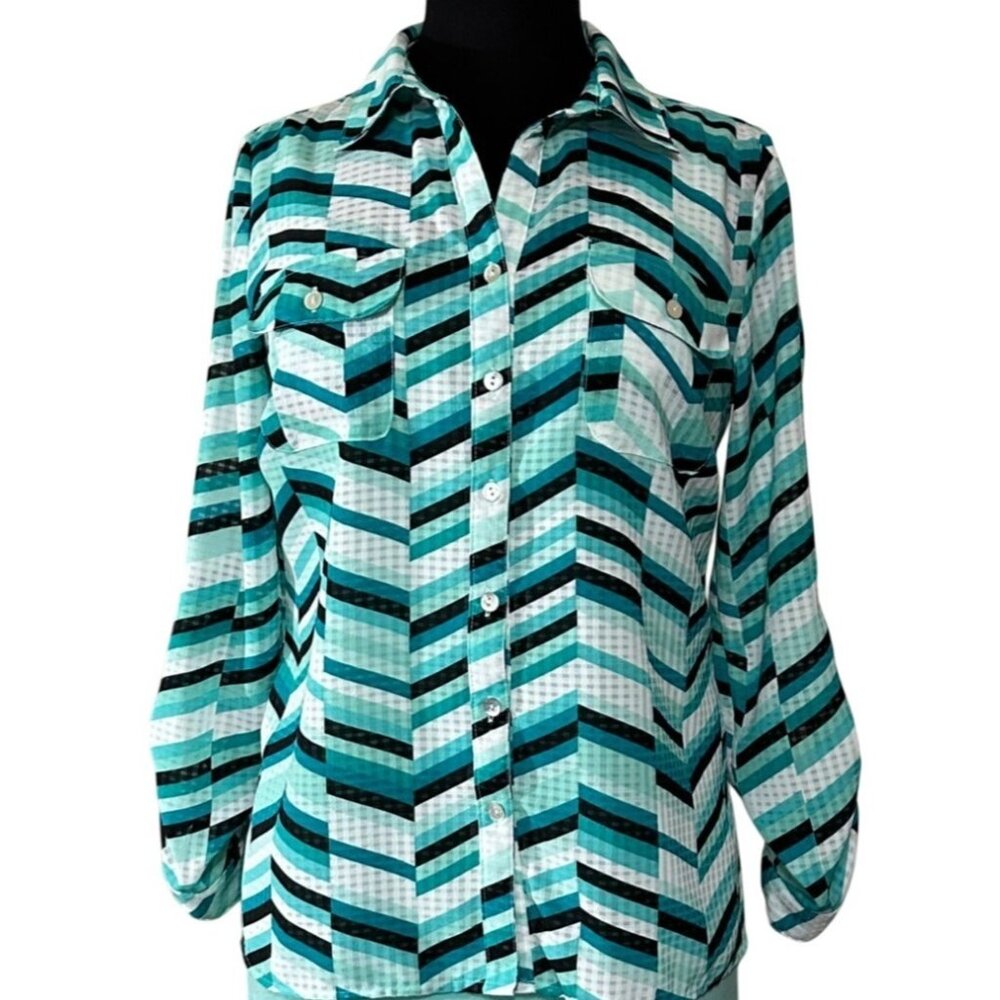 Women's Kim Rogers Petite Button-Down Blouse Geometric 100% Polyester Size PM